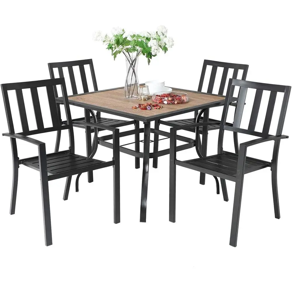 

Patio Table and Chairs Set, Outdoor Dining Set or 4, 5 Piece Metal Patio urniture, 37" Square Table with Wood-Like Tabletop(Stri