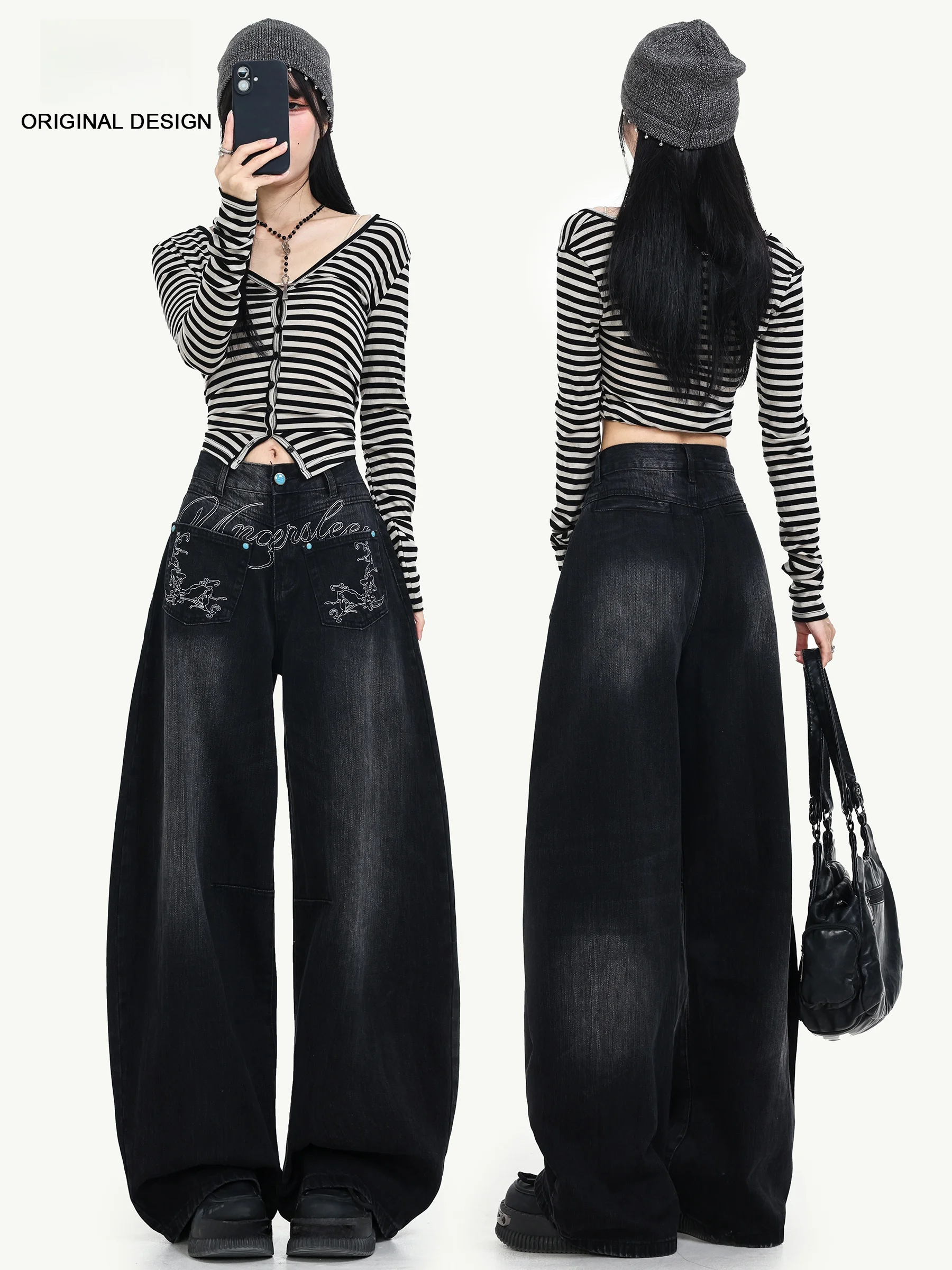 

American Style High Waist Wide Leg Denim Jeans Women Winter New Loose Slimming Floor-Length Pants Embroidered Knife Pants