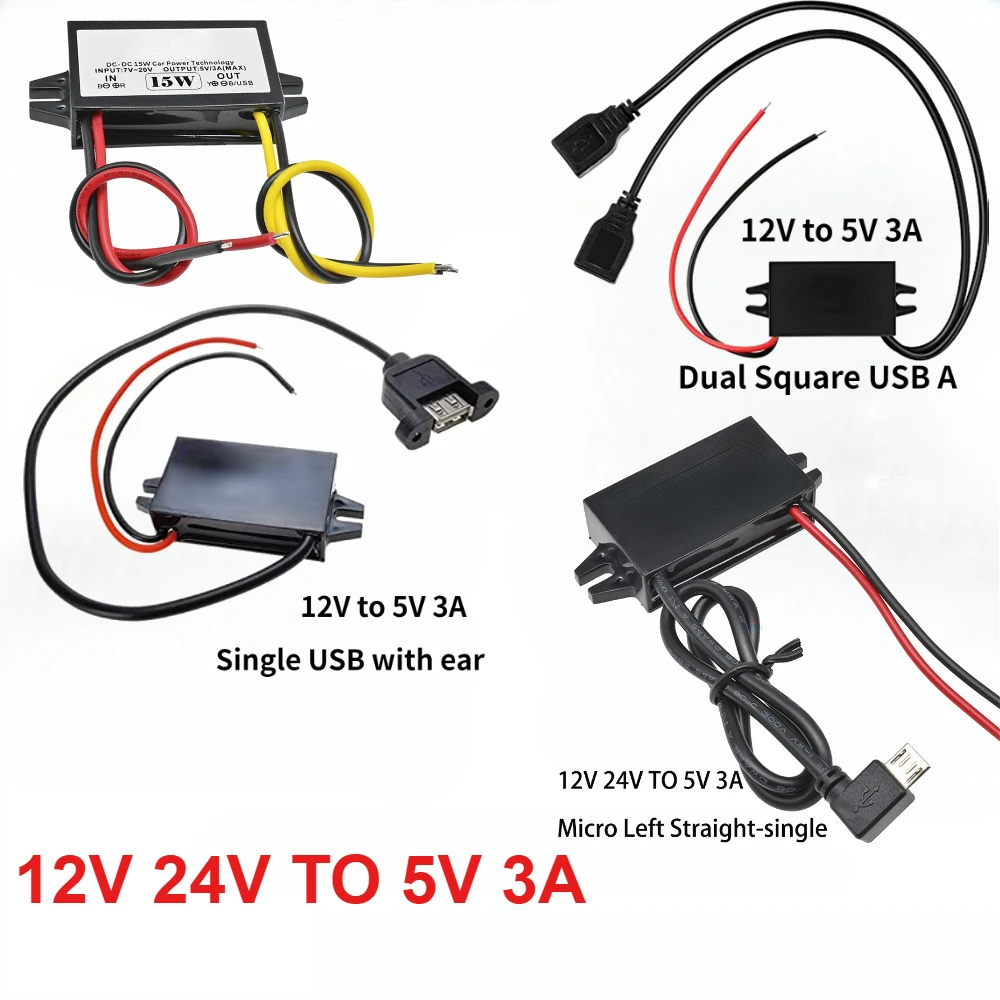 12V 24V to 5V 3A 15W DC-DC Power Converter Micro Mini Type C Dual USB Open Wire Step Down Voltage Power Supply Output Adapter
