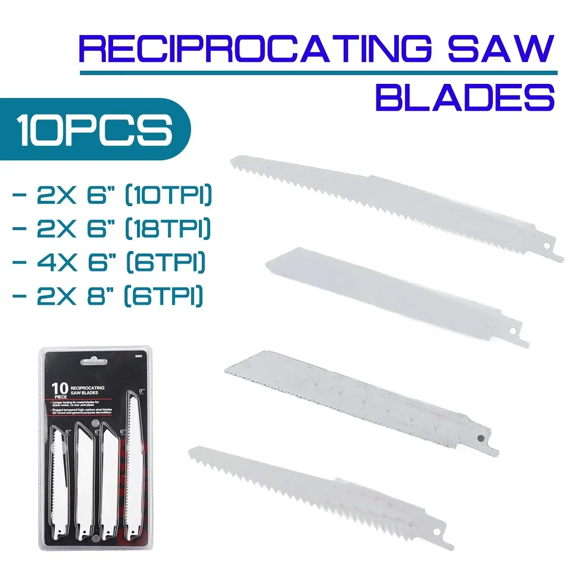 10Pcs for Wood Metal Cutting Power Tools Accessories Reciprocating Saw Blades set 6/10/18 6/8 Inch High Carbon Steel TPI Blade