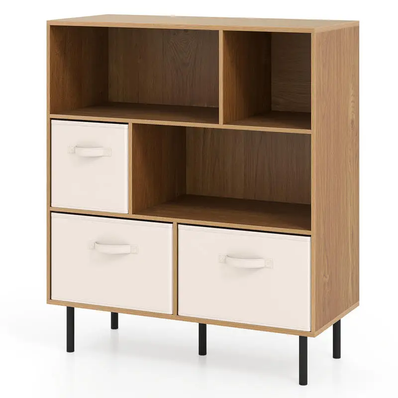 

6-Cube Bookshelf with 3 Removable Folding Fabric Drawers for Living Room-Natural