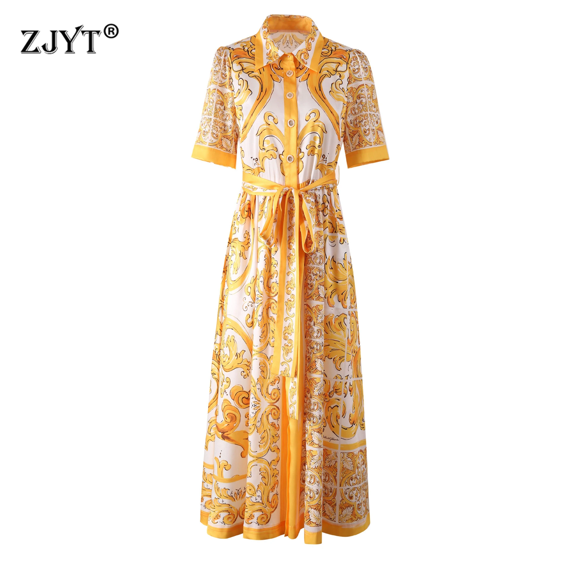 

ZJYT Women's Vintage Print Yellow Shirt Dress Single-Breasted Lapel Collar Lace-Up Casual Midi Summer Holiday Dress Runway 2025