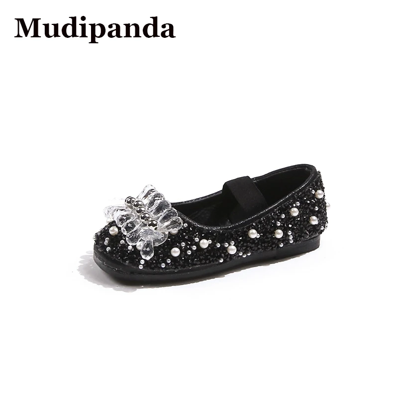 Girls' Black Flats Kid's Golden Rhinestone Princess Shoes Flats Bow Fashion Little Girls Children's Soft Soled Leather Shoes