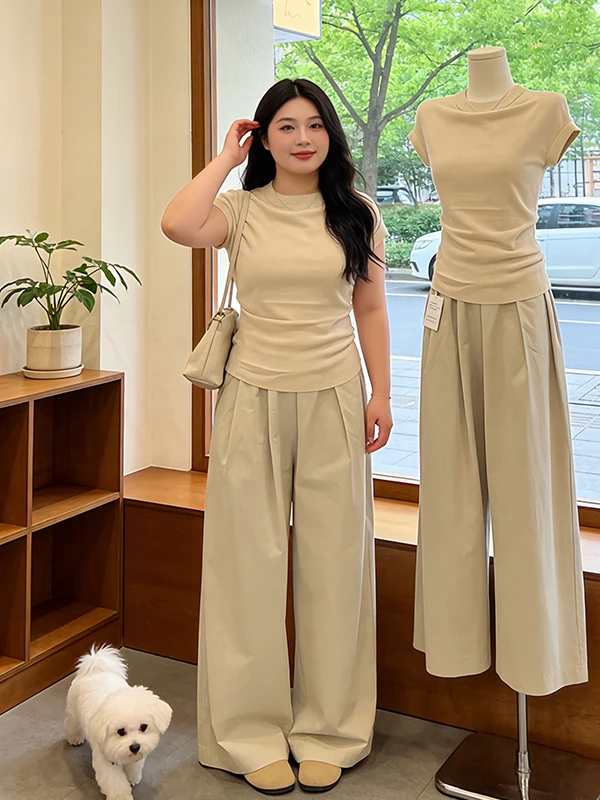 

Summer New plus Size Casual Set Women round Neck Short Sleeve Slim Fit Top High Waist Wide Leg Pants Two Piece Set Commute Style