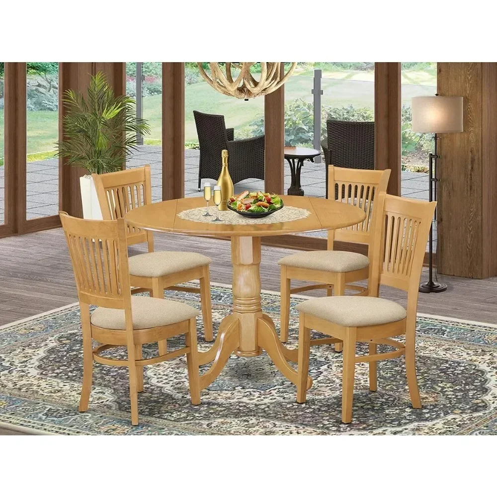 The 5-piece kitchen set includes a circular dining table with hanging leaves and 4 linen upholstered chairs in oak wood