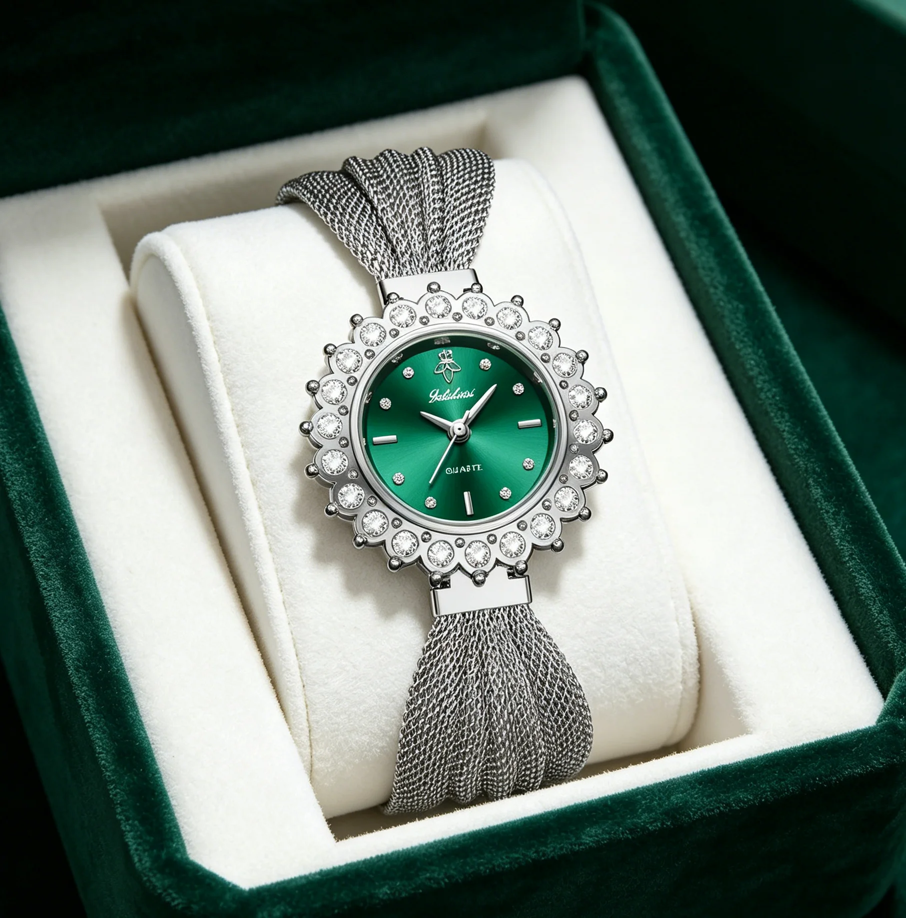 YaLaLuSi Floral Diamond Silver Mesh Tassel Women Watch Emerald Green  Dial Elegant Party Ladies Quartz Bracelet Watch