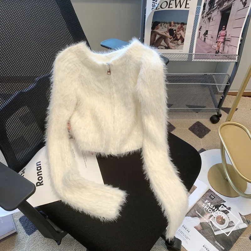

Short Round Neck Cardigan French Style Gentle Mink Fluffy Sweater Coat Lady Autumn Winter New High-Grade Texture Knit Inside Top