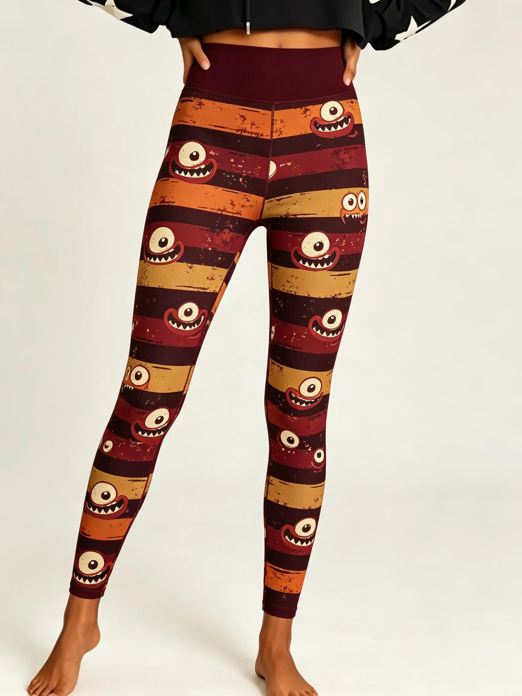 Women Halloween Fleece Mid‑Rise Leggings Monster Stripe Cartoon Eye Full Print Stretch Slim Pants