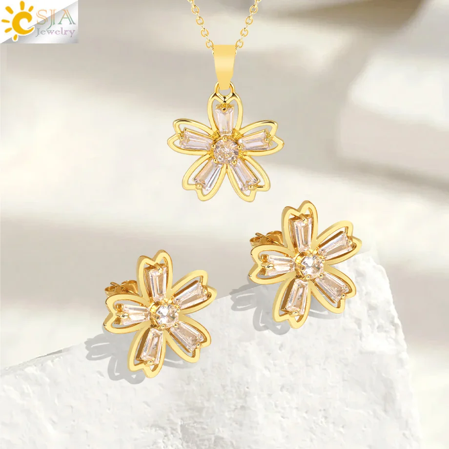 Five Leaf Flowerds Pendant Necklaces Stud Earring Fashion Silver Gold Color Necklaces Wedding Jewelry Set Gift for Women H517