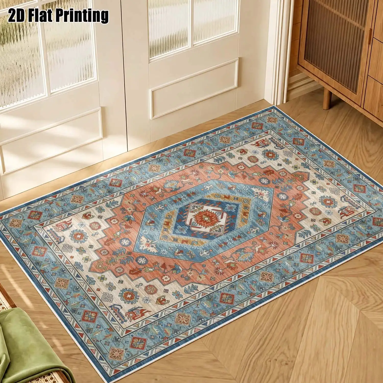 1Pc 2D Printed Velvet Carpet, Blue-Orange Geometric Patterns: European Vintage Boho Style, Machine Washable, Multi-Size for Home Decor, Multi-Scene Use