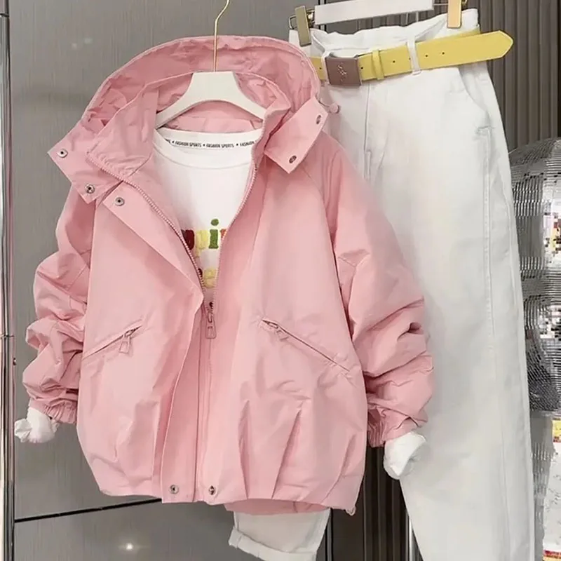 2026New Hooded Casual Windbreaker Coat Women Spring Western-style Jacket Loose Tooling Overwear Short Fashion Ladies Outcoat Top