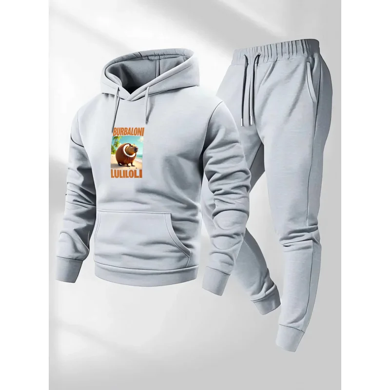 Light Gray Hoodie Set Printed Coconut Monkey Pattern and Text BURBALONI LULILOLI