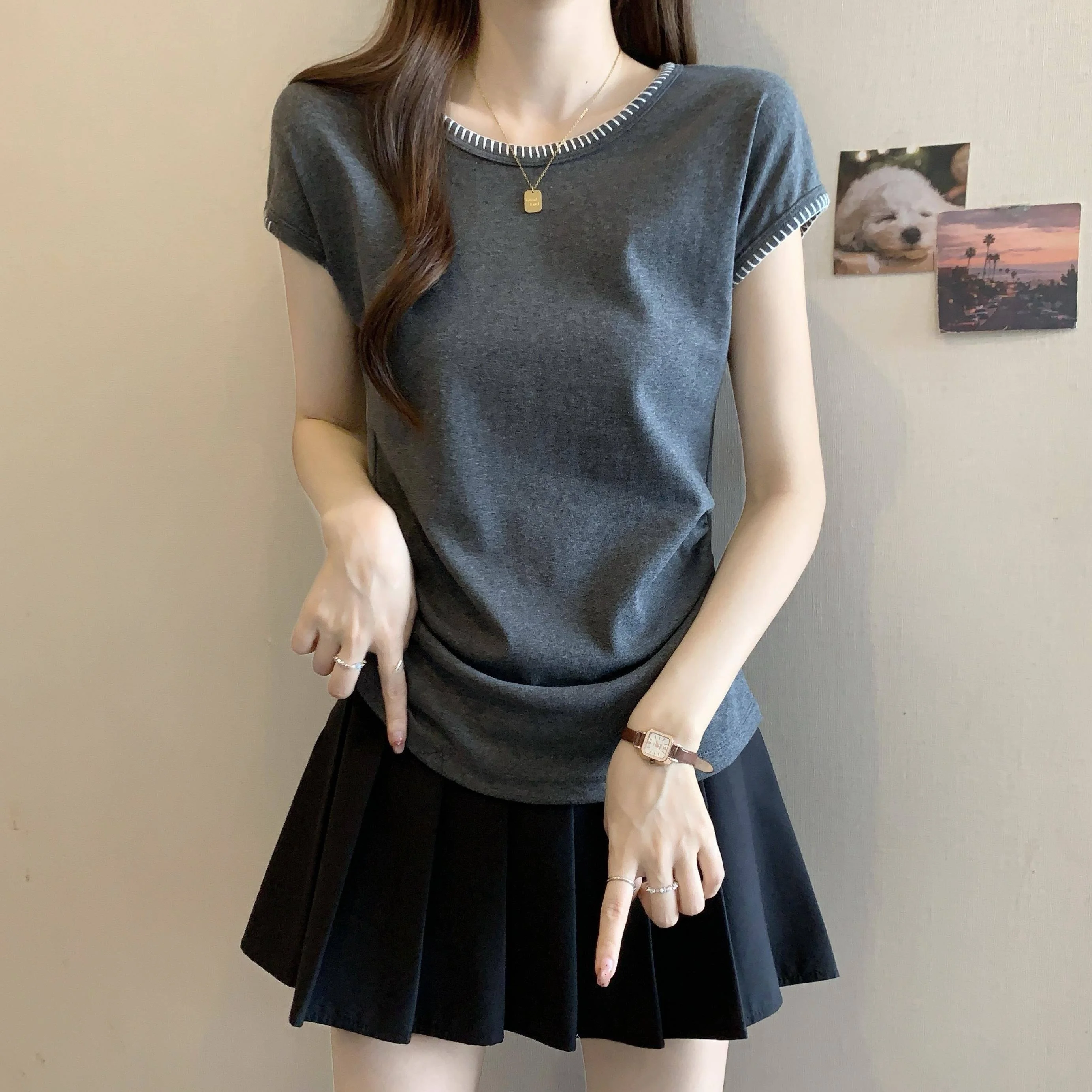 

Summer Women's Hollow Bat T-irt ortsved Slim Fit ort Sve Pure Color Faion Ladies' Top in 2025 Spring Collection