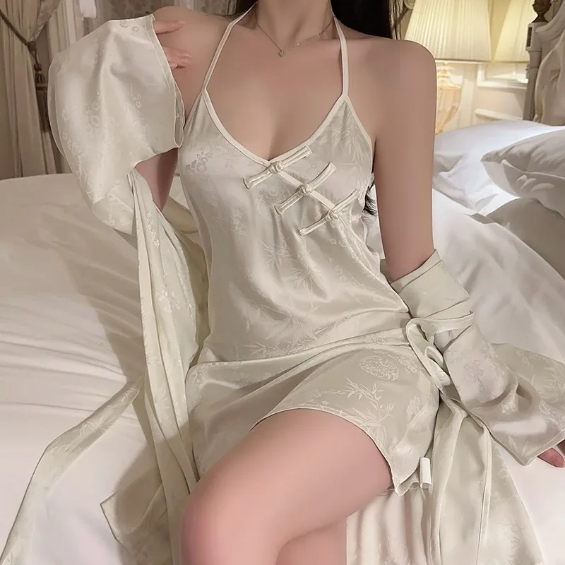 

Summer Long Sleeves Robe Nightgown 2PCS Set Sexy Jacquard Satin Kimono Gown Bathrobe Nightdress Homewear