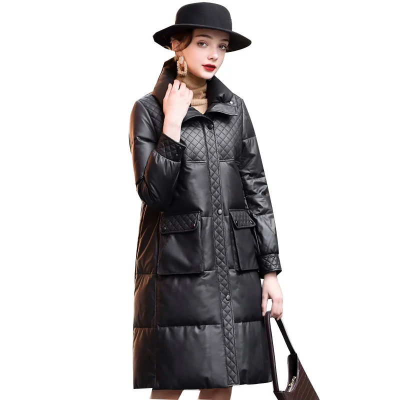 Doudoune mi-longue en cuir véritable pour femme, manteau chaud décontracté en peau de mouton, nouvelle sélection BSauNew, mode hiver 2022, S 323