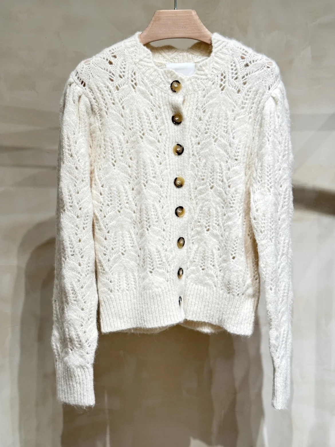 

Heidd IS2025 Autumn Winter Gentle Beige Hollow Knitted Long Sve Crochet Open Cardigan Top Women's Polyester Fiber Blouse