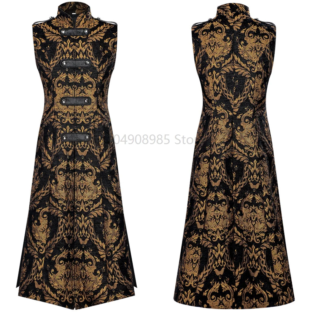 

Черный готический костюм в стиле панк: безрукавное платье с воротником-стойкой, сценический наряд, средневековый ретро-длинный жилет, мужской костюм в стиле панк