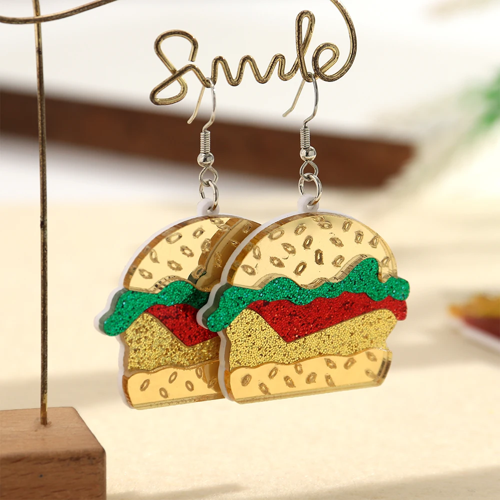 Funny Acrylic Glitter Hamburger French Fries Dangle Earrings Cute Fast Food Drop Earrings Novelty Food Shape Jewelry Party