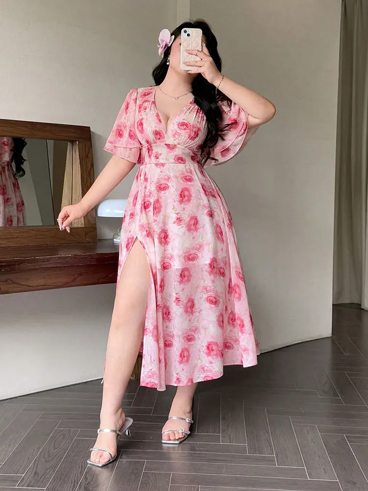 Robe longue d'été grande taille, col en v, imprimé Floral, fentes latérales, manches pétales, robe de soirée élégante, grande taille, vêtements pour femmes, nouvelle collection
