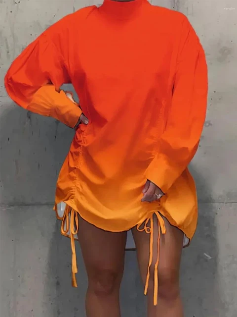Plus Size Tie Dye Half Turtleneck Fold Design Casual Dress with Drawstring Long Sleeves Mini Dress