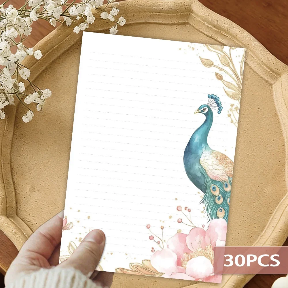 30 Sheets, Peacock Floral-themed Writing Paper, Lined, Glue-free, Very Suitable For Notebooks, Memos, And Stickers