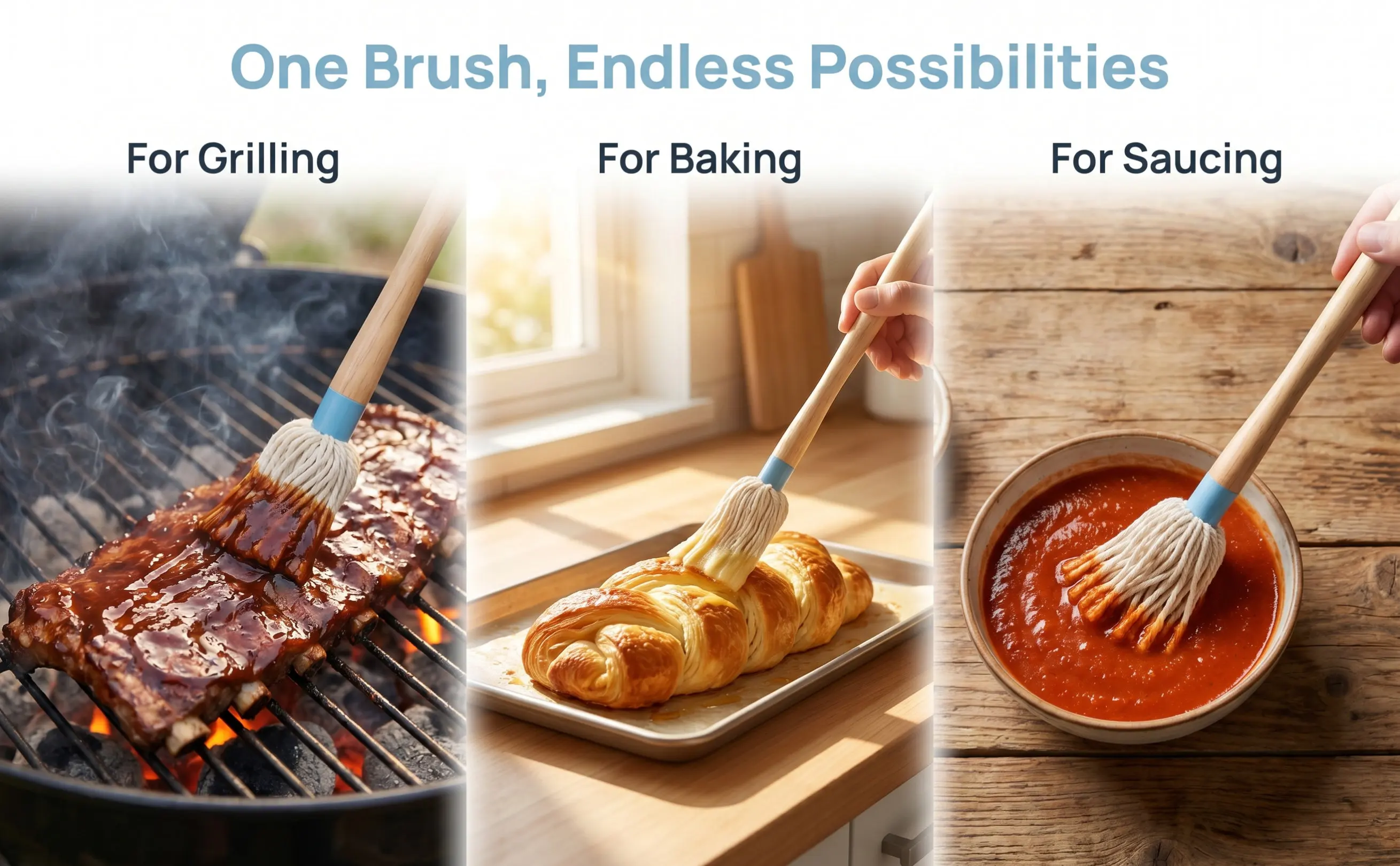Bbq Sauce Basting Mop Brush Rubberwood Handle Cotton Head for Grilling Cooking Oil Absorption Bbq Mop Brush Wood