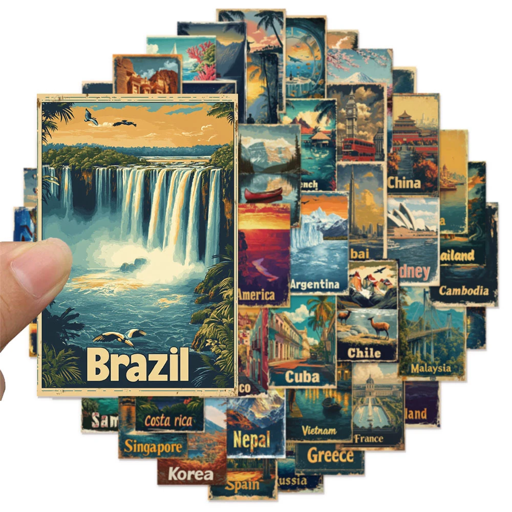 

10/30/50pcs Cartoon Retro Travel Poster Stickers Aesthetic Famous Scenic Spot Decals Luggage Phone Guitar Laptop Sticker Packing