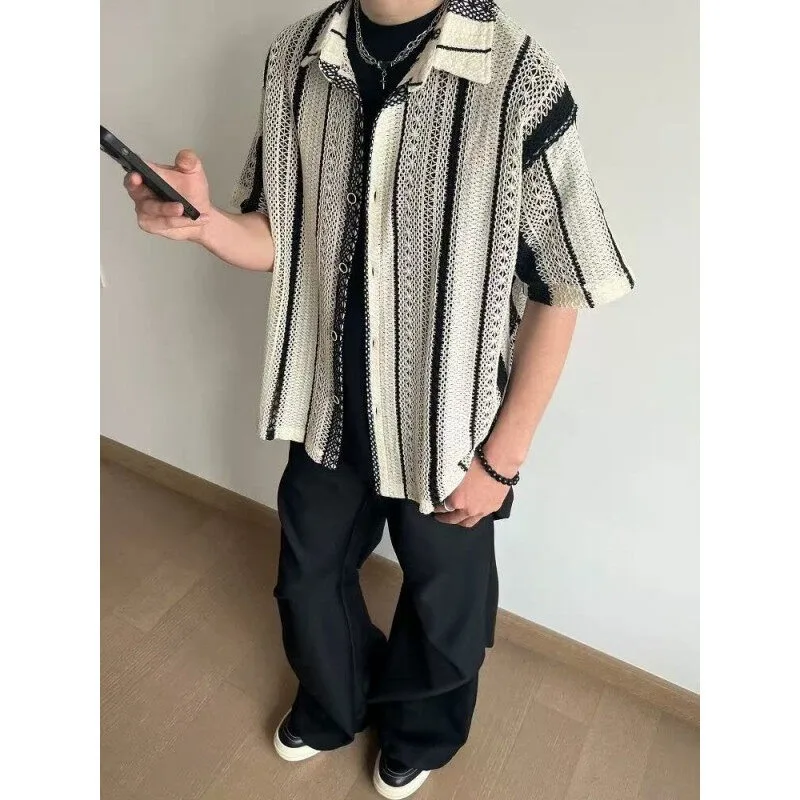 

Summer Large Size 250 Pounds Trendy Men's Shirt Design Sensibility Hollow out Cardigan Breathable Polyester Fiber Short Sleeve