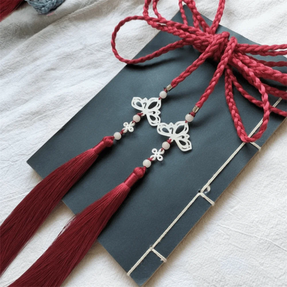 Retro Handwoven Hanfu Waist Tie Belt Chinese Style Traditional Butterfly Pendant Waist Rope Braided Waist Sash for Men Women