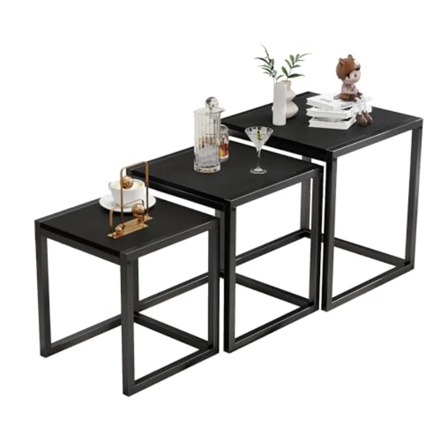 

Nesting Table Set of 3 Side Tables Modern Coffee Table Stacking End Table with Metal Frame