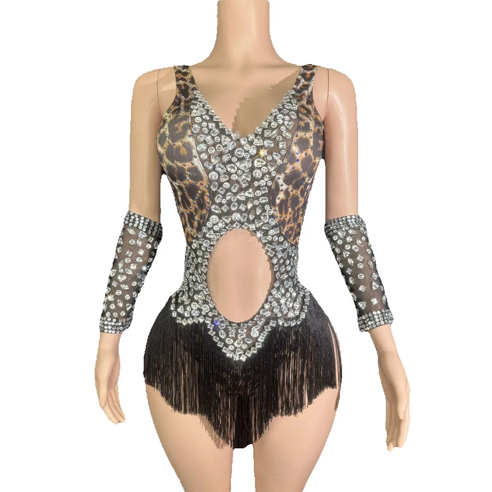 

Sparkly Silver Rhinestones Tassels Leopard Bodysuit Women Sexy Birthday Party Performance Dance Costume Singer Dancer Stage Wear