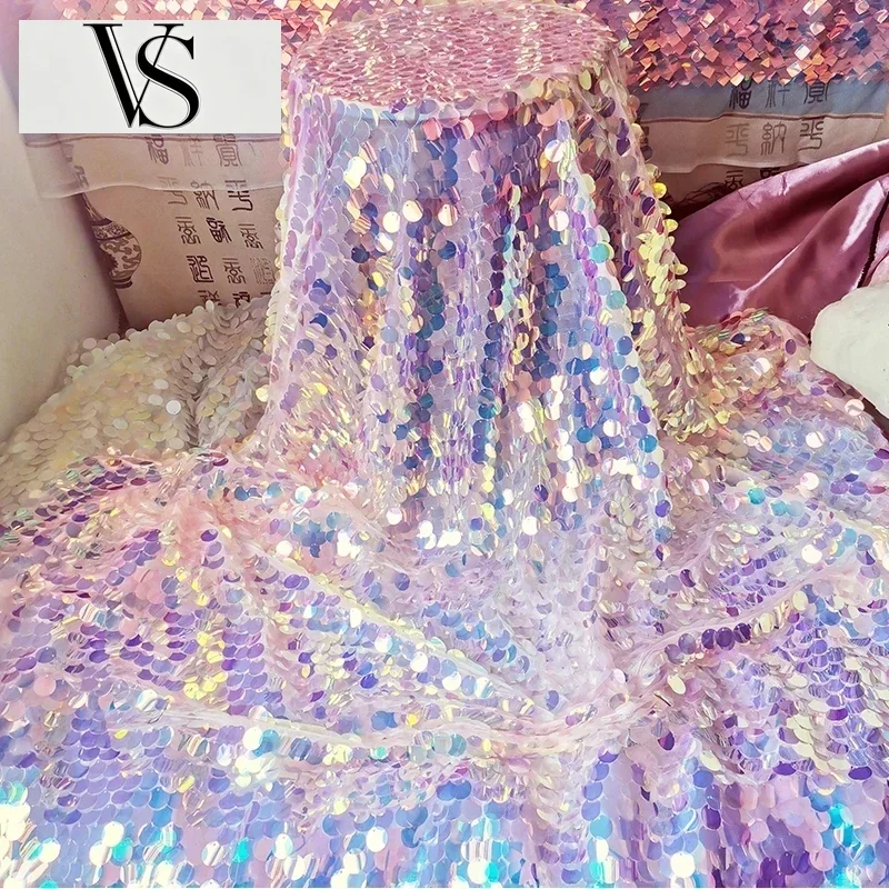 Dreamy Background Glitter Tablecloth Laser Iridescent Shoot Shiny Decor Cloth Party 18mm Large Round Sequin Pink Mermaid Scale