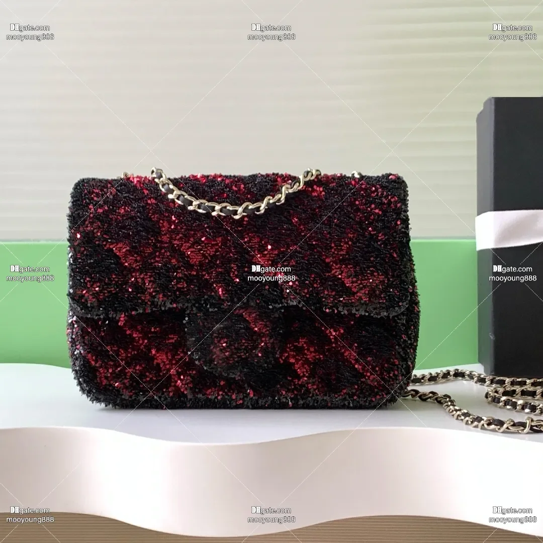 

wholesale price 12A upgrade mirror sequin bags for women chain bag 21cm small flap handbags red crossbody purse with box