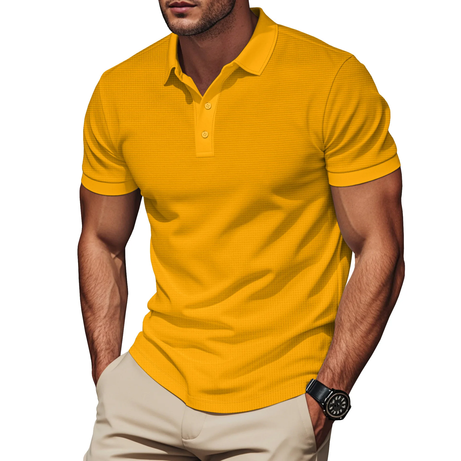 Men Solid Waffle Knit Polo Shirt, Short Sleeve Lapel Collar Button Placket Textured Breathable Casual Golf Tee, European America