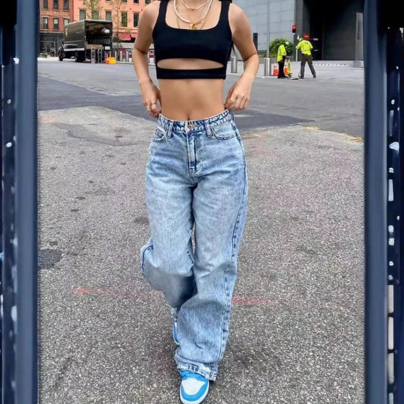 New Full Length Women Jeans Solid Distressed Denim Straight Pants Pockets Loose Casual Mid Waist Basics Zipper Fly Flat Washing