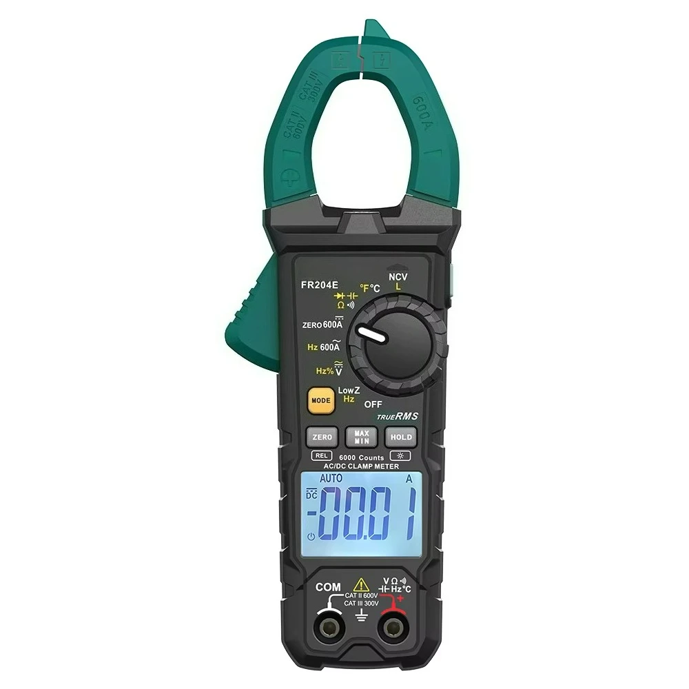 FR204E Digital Clamp Meter 6000 Count True RMS AC/DC 1000A Ohm Low z NCV Multimeter with Resistance Diode Measurement
