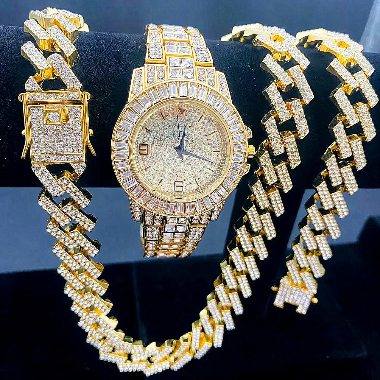 Conjunto de joyería de lujo para hombres y mujeres, collar, pulsera, reloj, oro, plata, diamante, Iced Out Box, cadena cubana, Hip Hop, 3 piezas