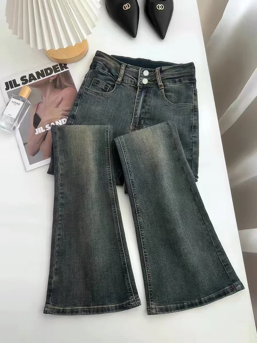 

High Waist Slimming Micro Flared Jeans Women's Cement Grey Vintage Style American Vibes Pocket Detail Moderate Stretch