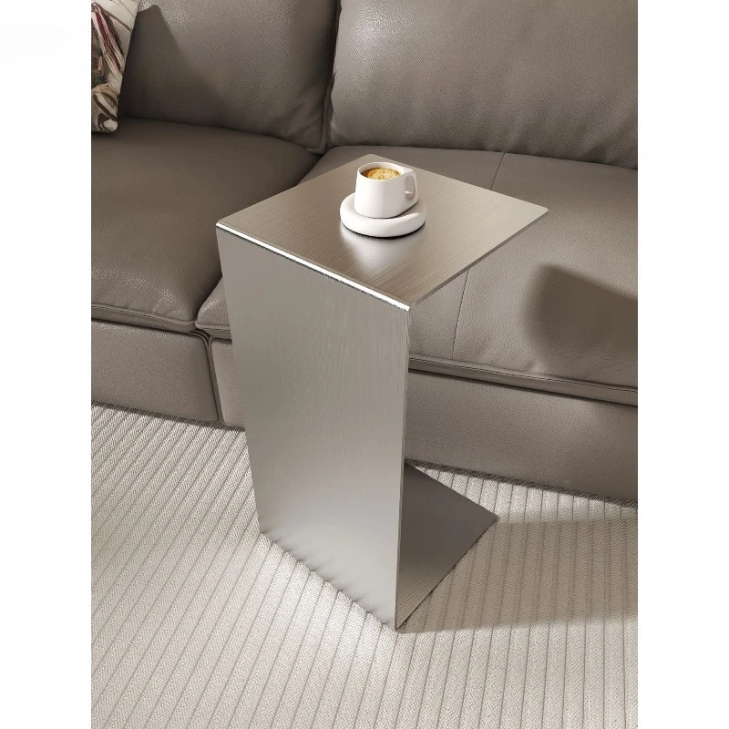 

Minimalist stainless steel small side table Italian living room light luxury movable sofa C-shaped corner table