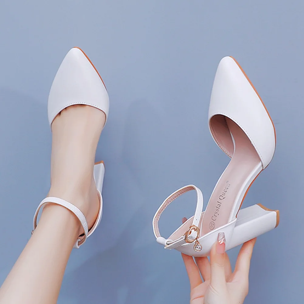 High Heeled Sandals Woman Thick Heel Pointed Hollow Sandals Square Heel Light Mouth Women's Shoes White Buckle Bridal High Heels image 2