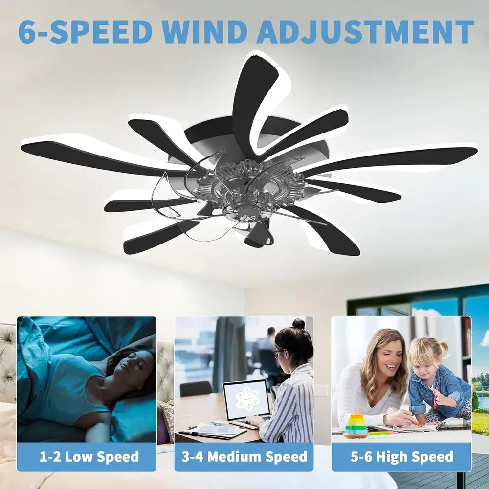 Dimmable Ceiling Fan with Light and Remote Control, 31 Small Mounted Ceiling Fan with LED Lights, APP and Remote Controlled, Bla