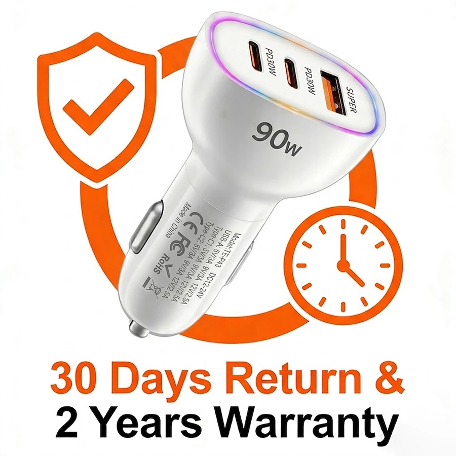 Fast Car Charger 90W 3 Ports Multi USB C PD 30W and USB A QC 30W Automobile Power Adapter with Glowing Ring For Smart Devices
