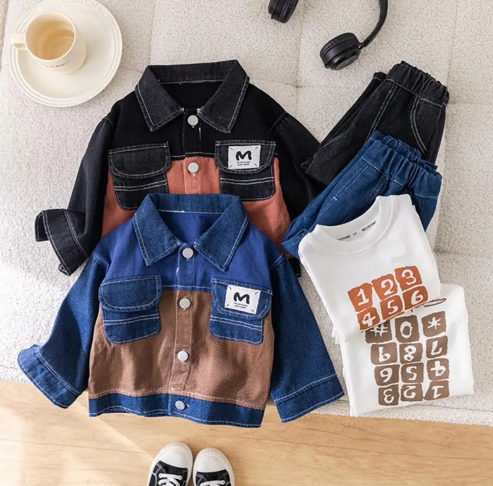 Korean Style Baby Boys Sets 1 To 5 Years Patchwork Denim Pockets Casual Jackets White T-shirts Pants Kids Clothes Boy Tracksuits