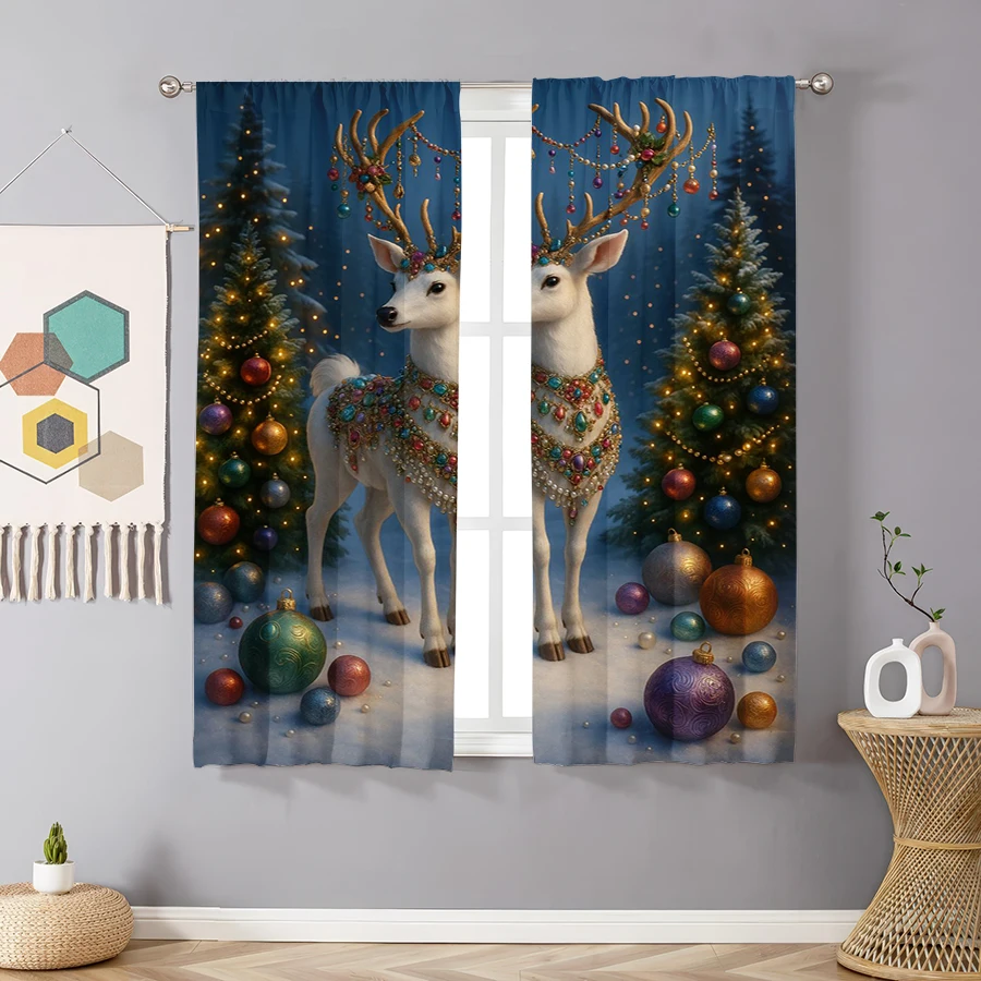 2PCS Christmas Winter Curtains, Jewelry Reindeer Christmas Tree, Digital Print, Bedroom Living Room, Home Decor Window Drapes