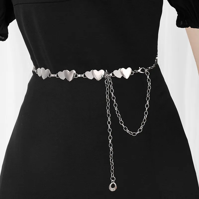 Gothic Punk Y2K Adjustable Ladies Fashion Love Heart Gold Chain Belt, Silver Metal Belt Luxury Dress