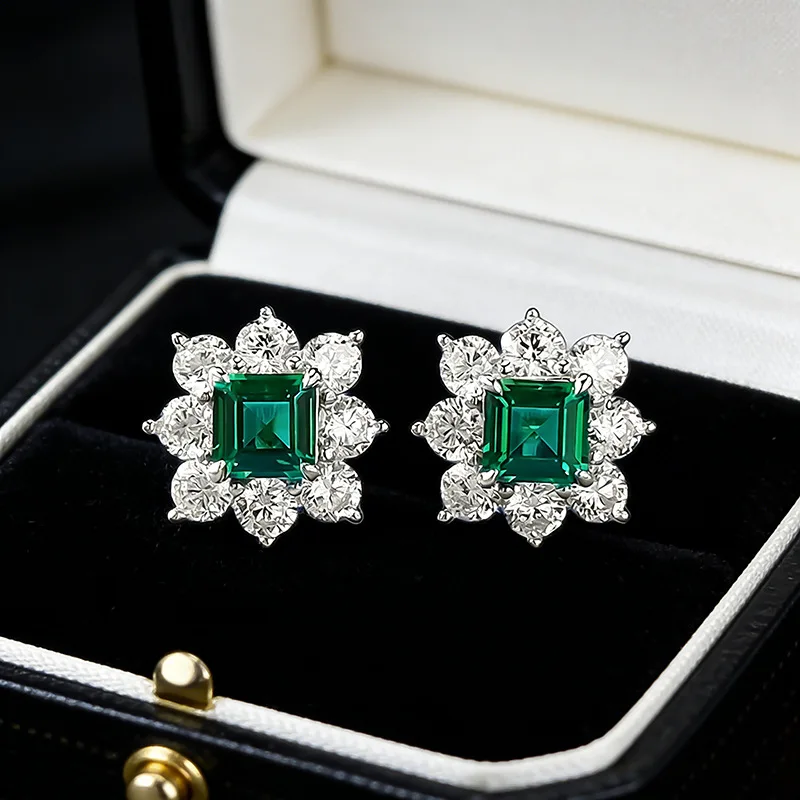 Minween 5x5mm Step Cut Lab Emerald Stud Earrings with 925 Sterling Silver Party Gift Jewelry