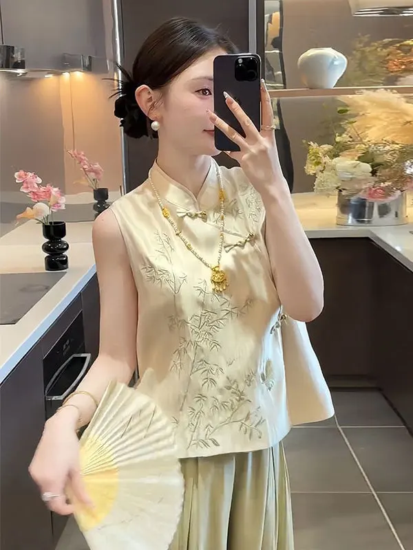 New Chinese Style Women's Summer Outfit Bamboo Leaf Print Button up Top And Pants Two-Piece Set Fashionable Traditional Print image 4