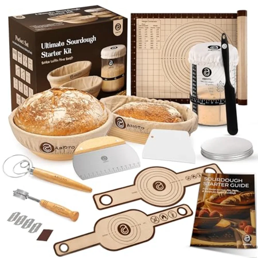 

Sourdough Starter Kit with 10" Round and 11" Oval Banneton Proofing Basket and 34oz Starter Jar - Beginner-Friendly Sourdough B