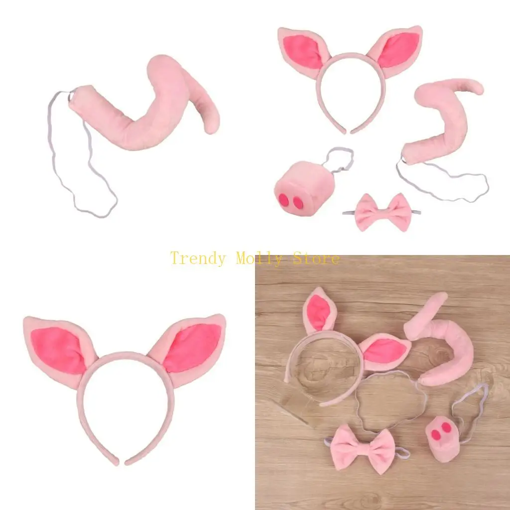 

N5KB 1/4Pcs Kids Animal Fancy Costume Set Pink Pig Ears Headband Nose Tail Bow Tie