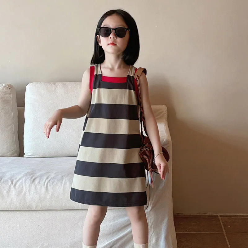 Girls Skirts 2024 Summer New Childrens Clothes Baby Fashion Stripes Against Color Sundress Trend Casual Simple and All-match